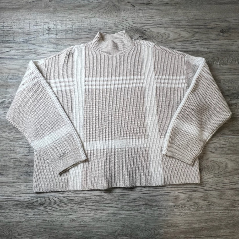 Ann Taylor Sweater Womens XL Beige Windowpane Plaid‎ Mock Neck Ribbed Pullover